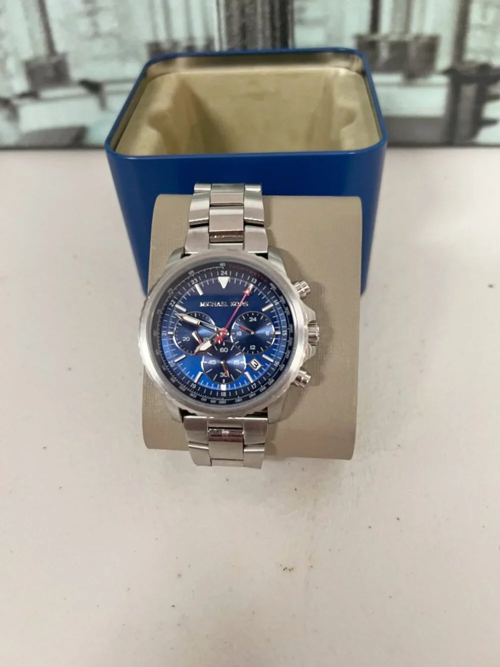 Michael Kors MK8641 Men's Chronograph Watch, Navy Blue Dial, Silver Stainless